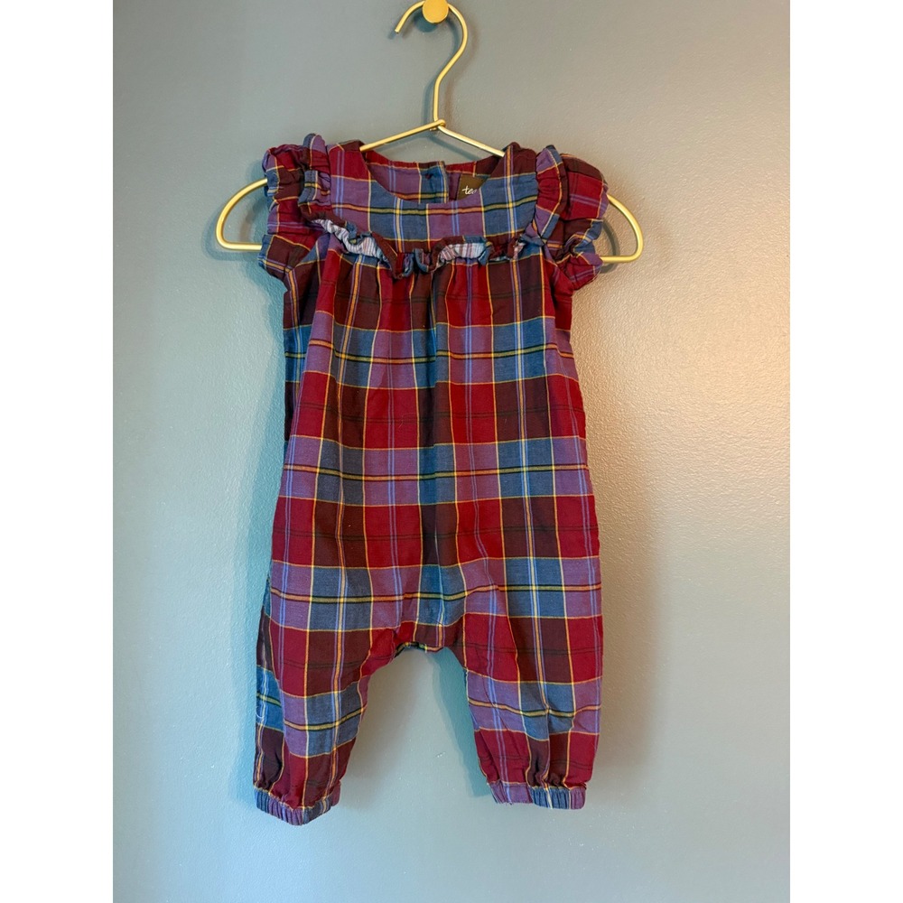 Tea Collection Baby Girls Red Blue Plaid Ruffle Romper 3-6 Months Woven